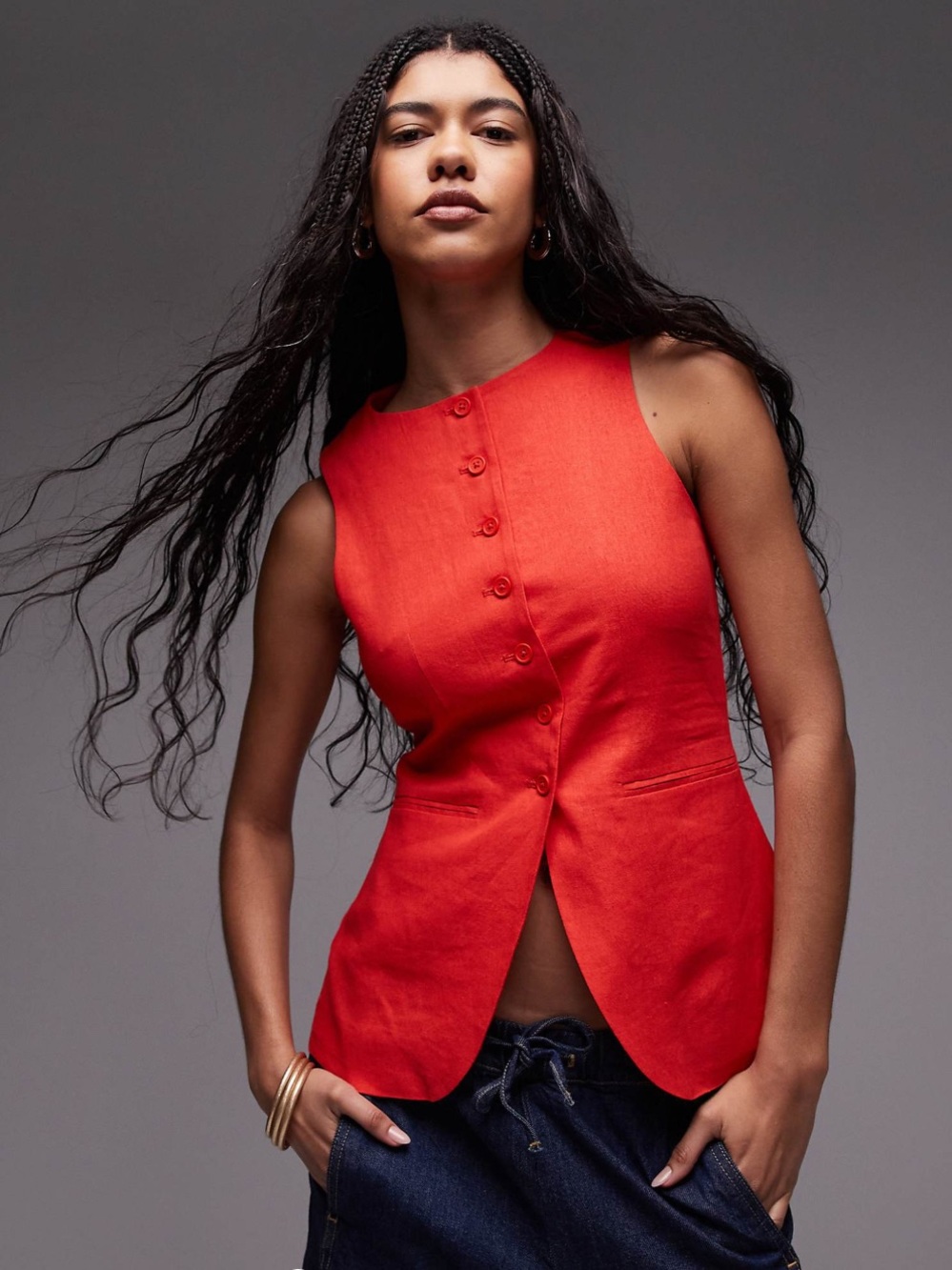 TOPSHOP Red Sleeveless Button Front Peplum Vest Top